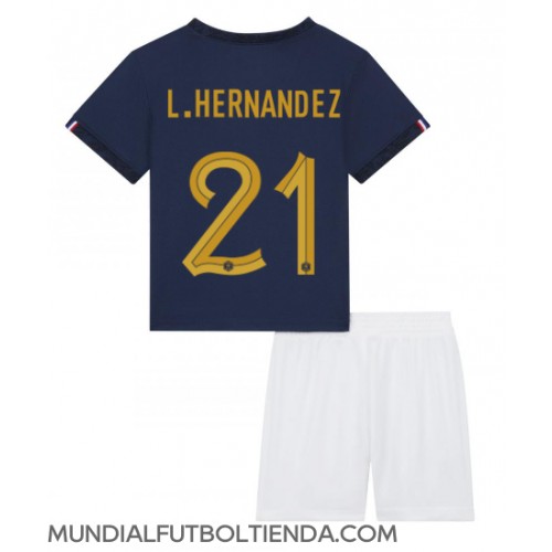 Camiseta Francia Lucas Hernandez #21 Primera Equipación Replica Mundial 2022 para niños mangas cortas (+ Pantalones cortos)